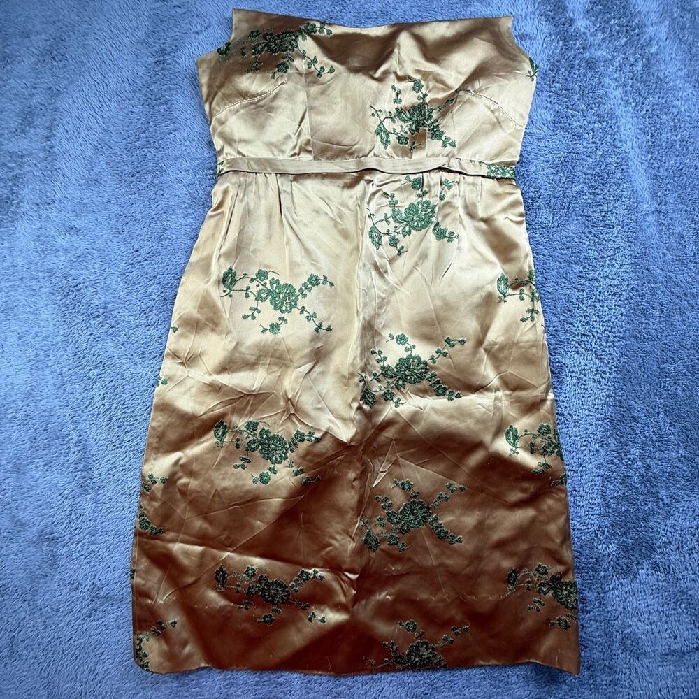 Vintage 1970s Satin Oriental Embroidered Strapless Dress Talon Zipper Gold Green